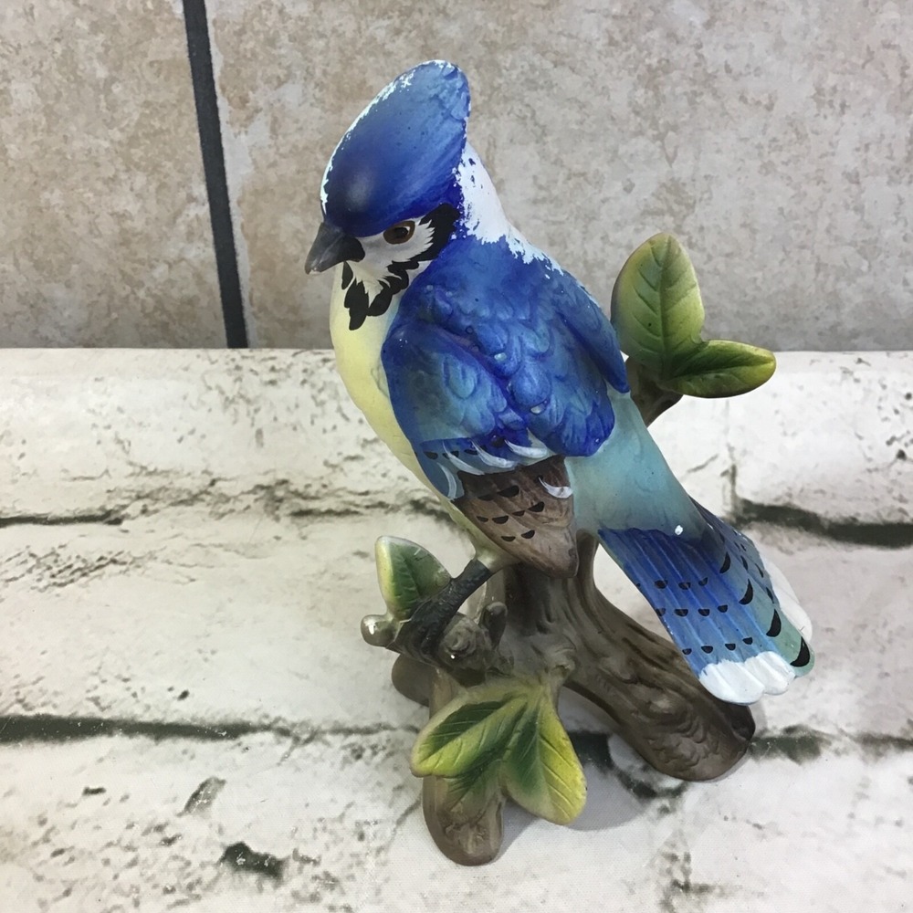 Ceramic Blue Jay Figurine On Tree‎ Branch Collectible Home Decor
